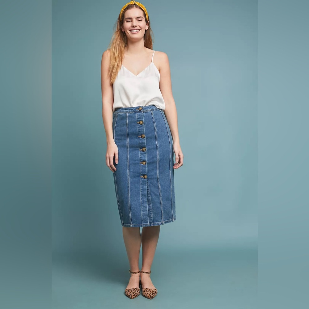 Pilcro and the Letterpress Blue Denim Button-Front Midi Skirt